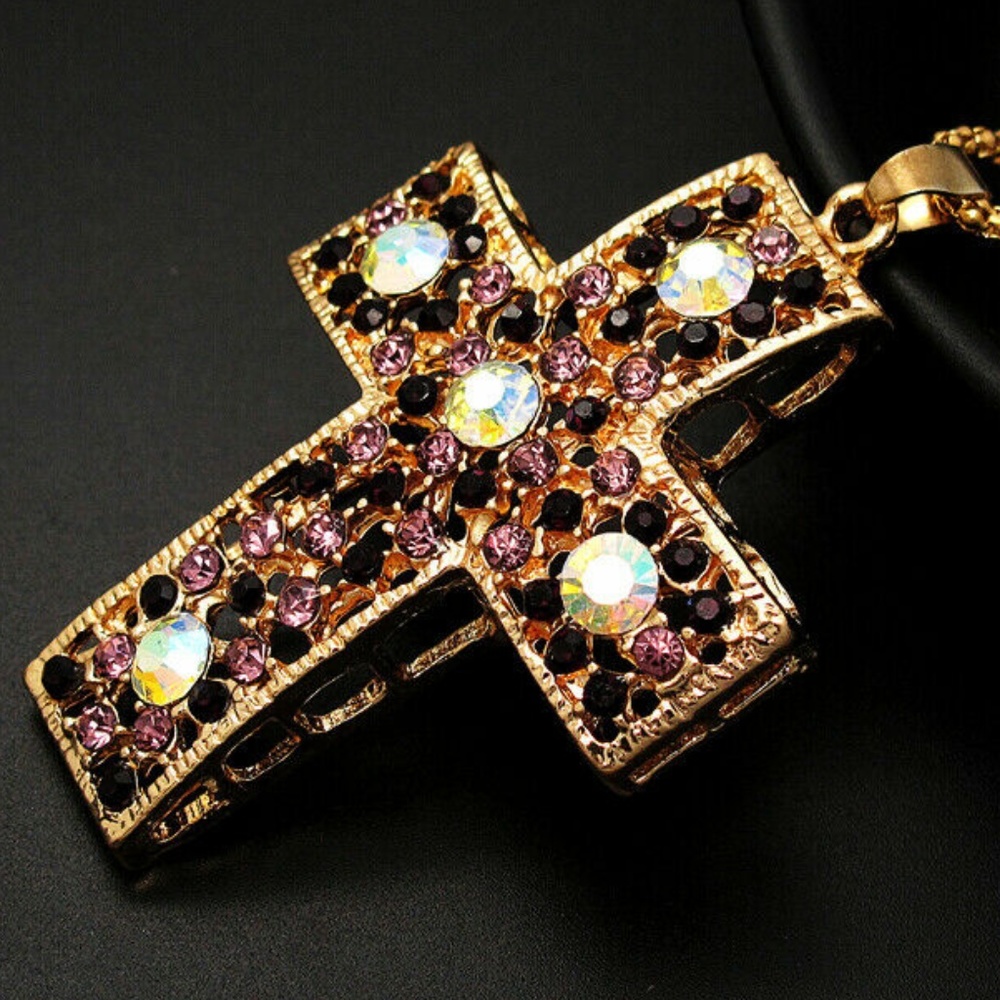 Purple & AB Rhinestone Cross Pendant NWT - Picture 2 of 4